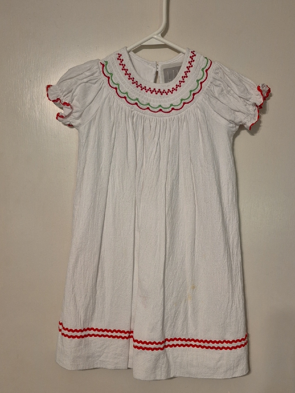 White Girls' Smocked Dress with Red & Green Trim